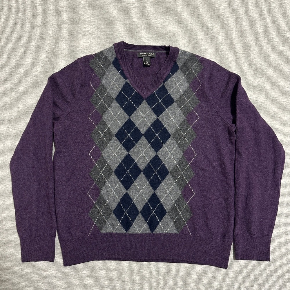 Banana Republic Argyle 100% Merino Wool V-Neck Sweater Purple Mens Large
